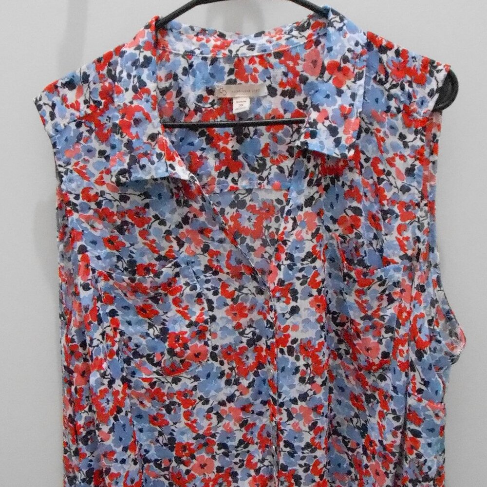 Christopher Banks Woman Sleeveless Collared Blouse RWB Tie at Waist-Size 3X